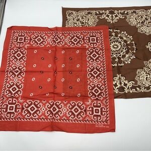 Vintage Paris Accessories Vibrant Brown & Orange Paisley Lot of 2 Bandana Set